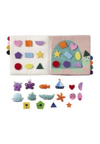 Soft fabric book with colorful felt shapes, including stars, hearts, and animals, featuring a turtle design in green, pink, and various textures.