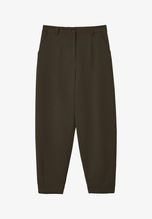 Dunkelolivgrüne Hose mit tailliertem Design, ausgestattet mit vorderen Falten, Seitentaschen und geradem Saum. Glatte Stoffstruktur.