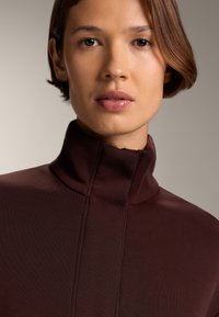 Barna, magas nyakú felső, puha anyagból készült, sima textúrával. Finom varrási részletekkel rendelkezik. A gallér merev és enyhén megemelt.