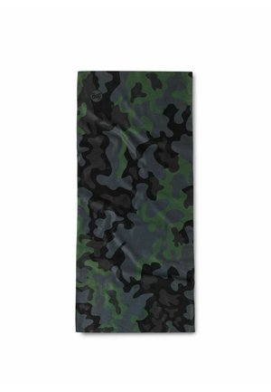 Rectangular multifunctional neck gaiter with green, black, and gray camouflage pattern and subtle "Buff" logo near the top edge.