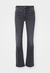 Vaqueros acampanados de color gris oscuro, fabricados en denim, con un diseño clásico de cinco bolsillos, trabillas para cinturón y un cierre de cremallera oculta con botón.