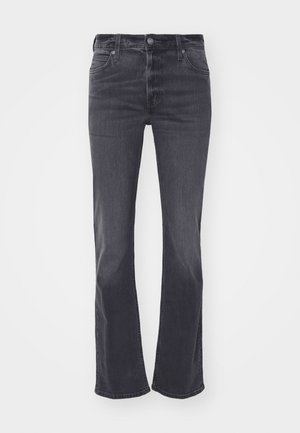 Dunkelgraue, ausgestellte Jeans aus Denim mit einem klassischen Fünf-Pocket-Design, Gürtelschlaufen und einem verdeckten Reißverschluss mit Knopfverschluss.