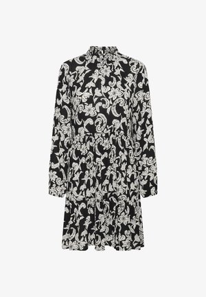 Abito nero con maniche lunghe e collo alto, caratterizzato da un motivo floreale bianco e paisley, gonna plissettata e tessuto strutturato.