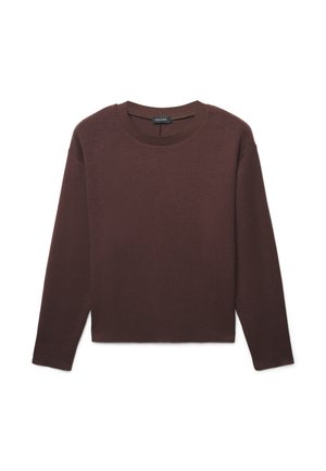 Bordeauxroter Langarm-Pullover aus weichem Strickmaterial. Hat einen Rundhalsausschnitt und überschnittene Schultern sowie einen lockeren, leicht verkürzten Schnitt.
