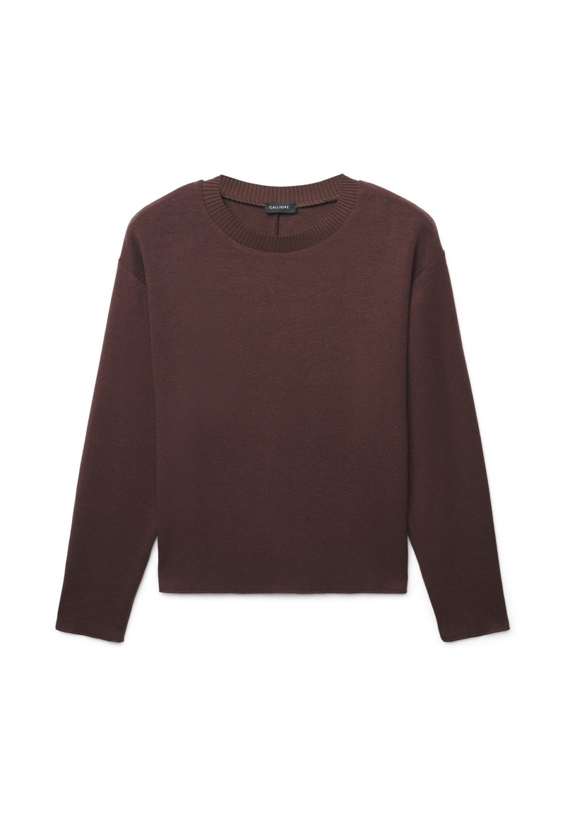 Maglione lungo a maniche strette color marrone, realizzato in un morbido tessuto a maglia. Presenta un collo tondo e spalle basse, con una vestibilità rilassata e leggermente accorciata.