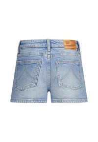 Light wash denim shorts with a straight cut, two back pockets, and a branded leather patch on the waistband. Finished with visible stitching.