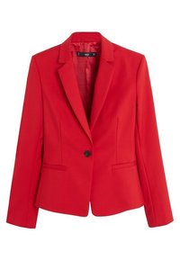 Blazer rouge avec une fermeture à deux boutons, des revers à crans et deux poches avant. Caractérisé par une texture lisse et un design structuré.