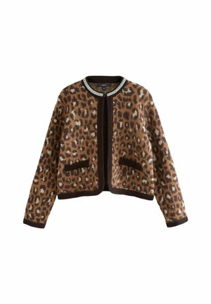 Leopardenmuster-Cardigan in Braun und Beige mit strukturiertem Strick, rundem Kragen mit hellen Akzenten und zwei frontalen Taschen.