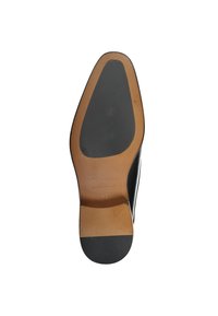 Schwarze Ledersohle mit einem braunen Lederbesatz, gummierter schwarzer Absatz und geprägten Markendetails. Größe ist mit 42 gekennzeichnet.