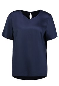 Mörkblå kortärmad blus med V-ringning och liten nyckelhålsknapp i ryggen vid kragen, lös passform.