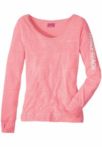 Långärmad, lätt skjorta i heathered rosa tyg. Har en bred halsringning, korsstygnsdetalj på bröstet och texten "Venice Beach" på ärmen.
