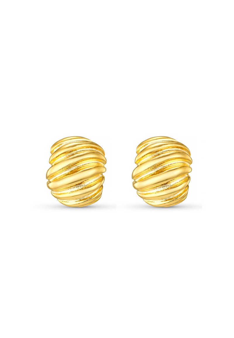 Ohrringe aus goldfarbigem Metall mit spiralförmigem Design, strukturierten Rillen, abgerundeter Form und polierter Oberfläche. Geeignet für verschiedene Anlässe.