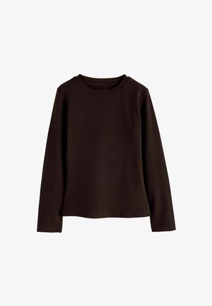 Prosty czarny longsleeve z okrągłym dekoltem, o gładkiej, prostej fakturze i prostym obszyciu.