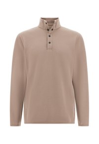 Pullover a maniche lunghe in beige chiaro, tessuto texture con mezza colletto, tre bottoni e tagli laterali per facilità di movimento.