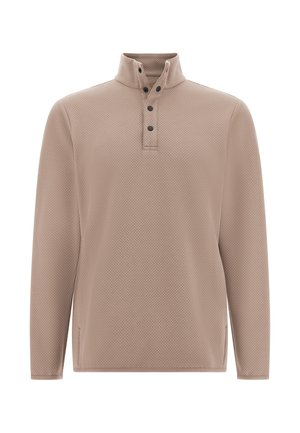 Langärmliger Pullover in Hellbeige, mit strukturiertem Stoff, einem halben Kragen, drei Knöpfen und seitlichen Schlitzen für eine bessere Beweglichkeit.