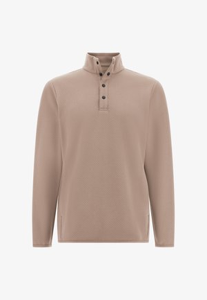 Pullover a maniche lunghe in beige chiaro, tessuto texture con mezza colletto, tre bottoni e tagli laterali per facilità di movimento.