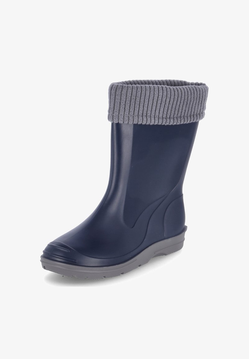 Botte de pluie en caoutchouc bleu marine avec bord tricoté gris et semelle grise texturée, vue de profil avant sur fond blanc.