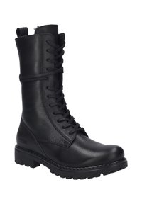 Zwarte leren gevechtslaars met een gestructureerde afwerking, veteroptiek aan de voorkant, stevige rubberen zool en een trekband bovenaan. Voorzien van versterkte stiksels.