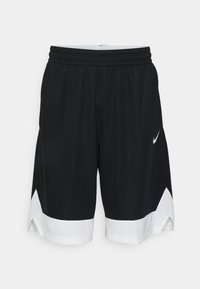 Mustat urheilushortsit valkoisella reinuksella, joissa on kosteutta siirtävä kangas ja joustava vyötärö. Nike-logo sivussa.