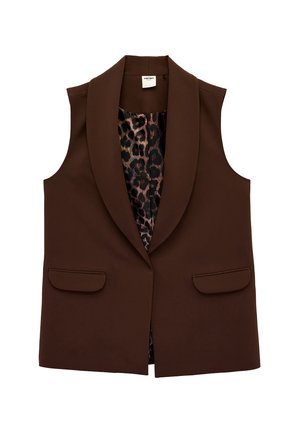 Ærmeløs mørkebrun blazer med brede revers og leopardprint indvendig foer, med to forlommer med klap.