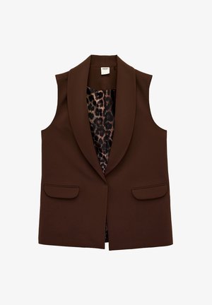 Ærmeløs mørkebrun blazer med brede revers og leopardprint indvendig foer, med to forlommer med klap.