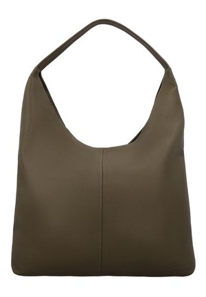 Minimalistische dunkelolivgrüne Lederhandtasche mit einem Schulterriemen und einfacher Naht in der Mitte der Vorderseite.