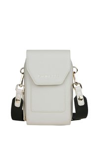 Borsa a tracolla in pelle sintetica bianca con finitura testurizzata, chiusura a flap magnetico, dettagli in metallo dorato e tracolla regolabile.