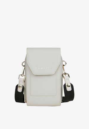 White faux leather crossbody bag with a textured finish, magnetic flap closure, gold hardware accents, and adjustable strap.