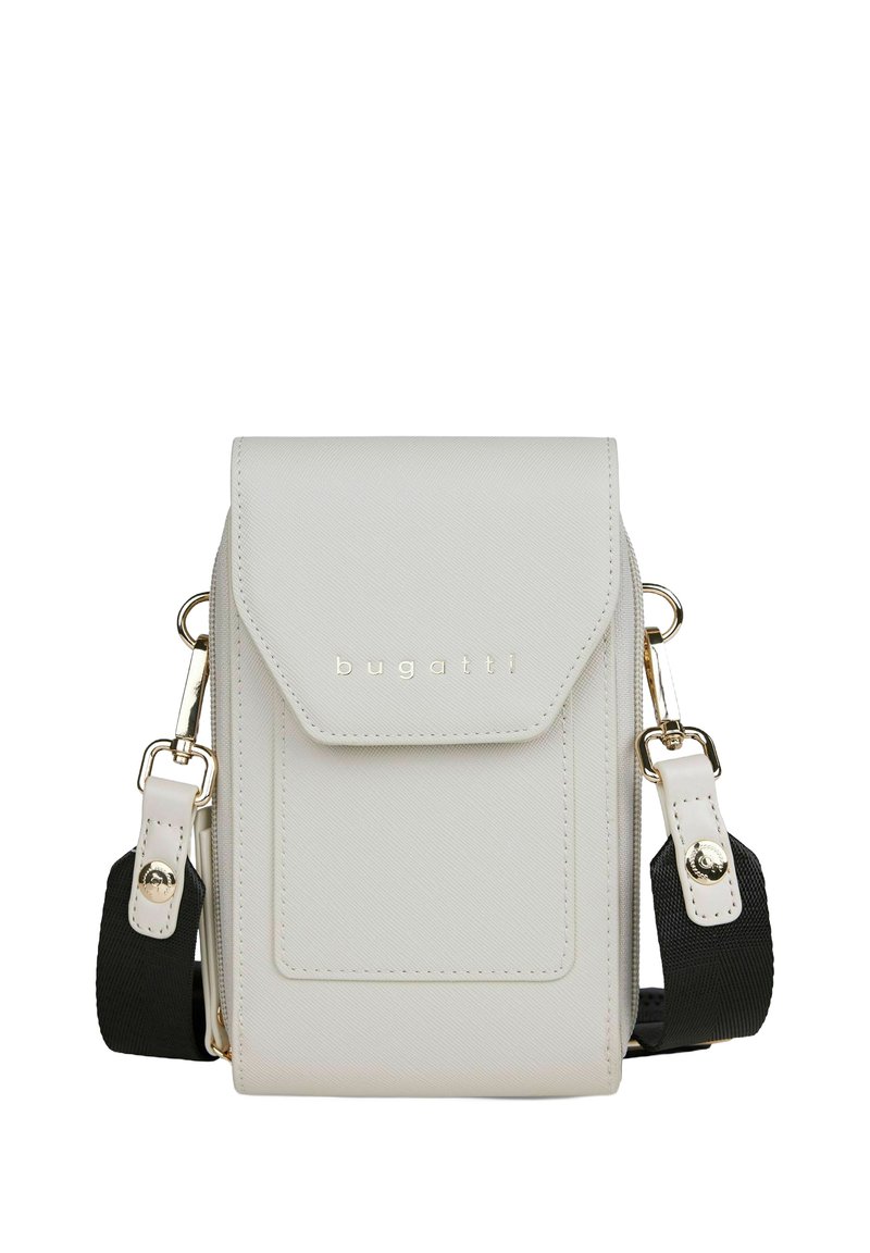Borsa a tracolla in pelle sintetica bianca con finitura testurizzata, chiusura a flap magnetico, dettagli in metallo dorato e tracolla regolabile.