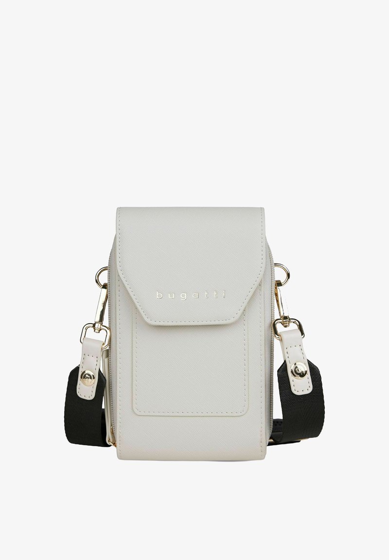 Borsa a tracolla in pelle sintetica bianca con finitura testurizzata, chiusura a flap magnetico, dettagli in metallo dorato e tracolla regolabile.