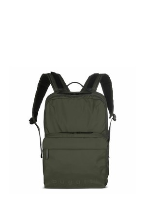 Zaino rettangolare verde scuro con spallacci imbottiti, tasca frontale con cerniera e logo "bugatti" al centro in basso.