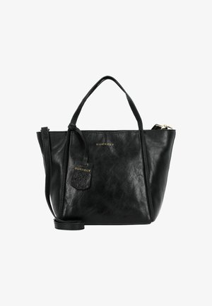 Sac fourre-tout en cuir noir avec deux poignées supérieures, une sangle amovible et des finitions en doré. Présente une étiquette avec un design embossé et un marquage.