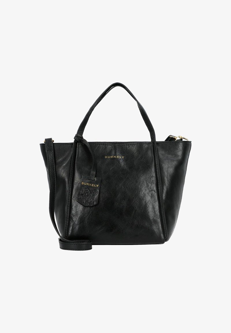 Borsa tote in pelle nera con doppio manico superiore, una tracolla removibile e dettagli in oro. Presenta un'etichetta con design impresso e branding.