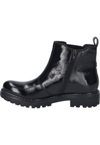 Schwarze Ankle Boots aus glänzendem Material. Verfügen über einen seitlichen Reißverschluss, eine strukturierten Obermaterial, eine chunky Gummisohle und eine Zuglasche an der Rückseite.