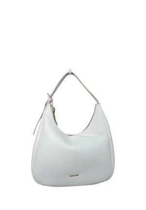 Borsa a tracolla in pelle bianca con una sola cinghia, chiusura con zip e piccolo logo dorato "Marccaline" sul davanti.