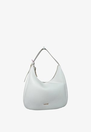 Borsa a tracolla in pelle bianca con una sola cinghia, chiusura con zip e piccolo logo dorato "Marccaline" sul davanti.