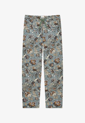 Blomsterprintede bukser i et blødt havblå stof. Har intrikate mønstre i brun, creme og mørkegrå samt en grøn snørebåndslinning.