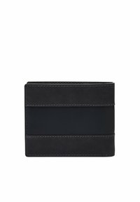 Portefeuille bifold noir avec des textures en cuir lisse et en daim. Caractéristiques des coutures contrastantes et plusieurs emplacements pour cartes afin de s'organiser.