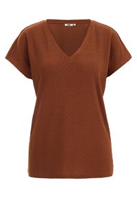 Brun kortärmad V-ringad topp med en texturerad herringbone-mönster. Tillverkad av mjukt material, den har en avslappnad passform och rakt nederkant.