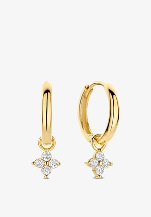 Goldene Creolen mit einem hängenden Anhänger, der vier runde, funkelnde Steine zeigt. Glatte Oberfläche und polierte Textur unterstreichen ihre Eleganz.