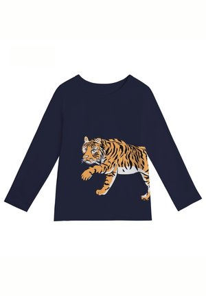Marineblauw shirt met lange mouwen en een gedetailleerde afbeelding van een lopende tijger, centraal voorop.