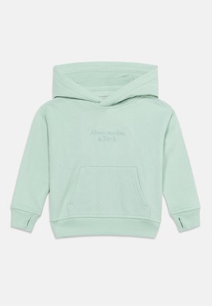 Sweat à capuche vert clair avec poche avant et "Abercrombie & Fitch" brodé sur la poitrine, manches longues avec trous pour les pouces.