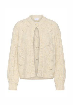 Kreemika värvi kootud kardigan teemantmustriga, soonikkoes varrukaotste ja kraega ning ühe nööpnööpidega kaeluses sulgemiseks.