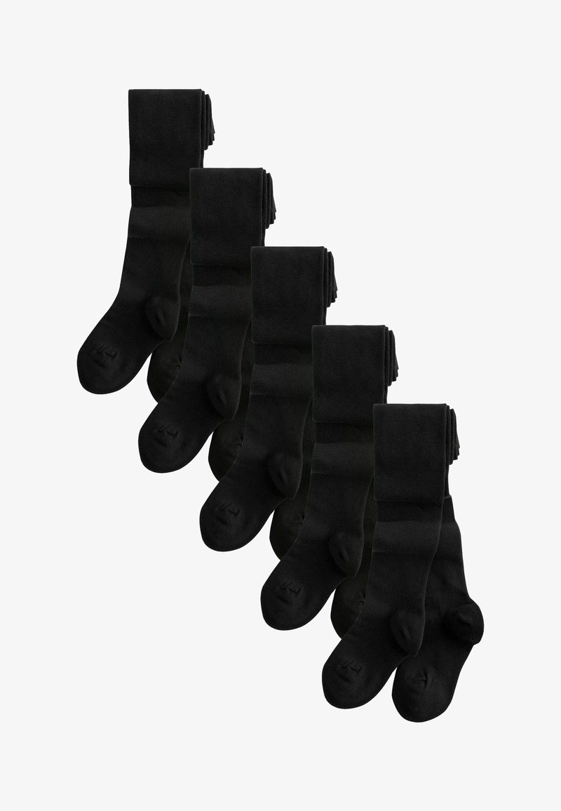 Sześć par czarnych skarpetek wykonanych z miękkiego, elastycznego materiału, charakteryzujących się gładką fakturą, prążkowanymi ściągaczami i wzmocnionymi palcami.