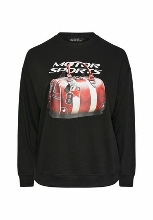 Sudadera negra que presenta un gráfico de una bolsa a rayas rojas y blancas con el número 8, etiquetada "MOTOR SPORTS" en texto blanco en negrita.