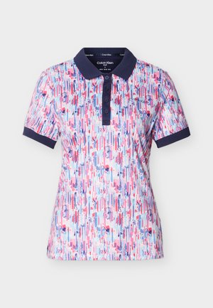 Dámska polokošeľa s krátkym rukávom s námorníckym golierom a manžetami, viacfarebný vertikálny pruhovaný a kvetinový vzor, logo Calvin Klein na hrudi.