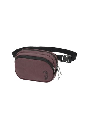 Kleine kastanienbraune Stoff-Gürteltasche mit zwei Reißverschlussfächern, schwarzem verstellbarem Riemen und Kunststoffschnalle.