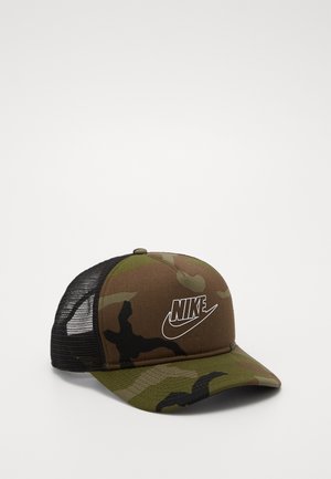 Casquette de baseball Nike camouflage verte et marron avec dos en mesh noir et logo Nike blanc sur le devant.