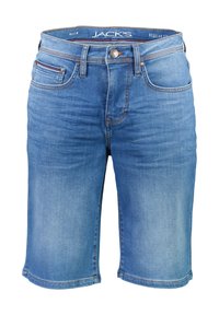 Denim-shortsit keskisinisessä, normaali istuvuus, joissa on viisi taskua, vetoketjulius ja kontrastivärinen ommel helman ja taskujen reunoilla.