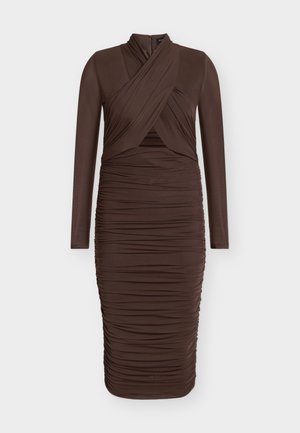 Brown long-sleeve dress with a crossover front design, ruched texture, and fitted silhouette. Features a zip closure at the back.